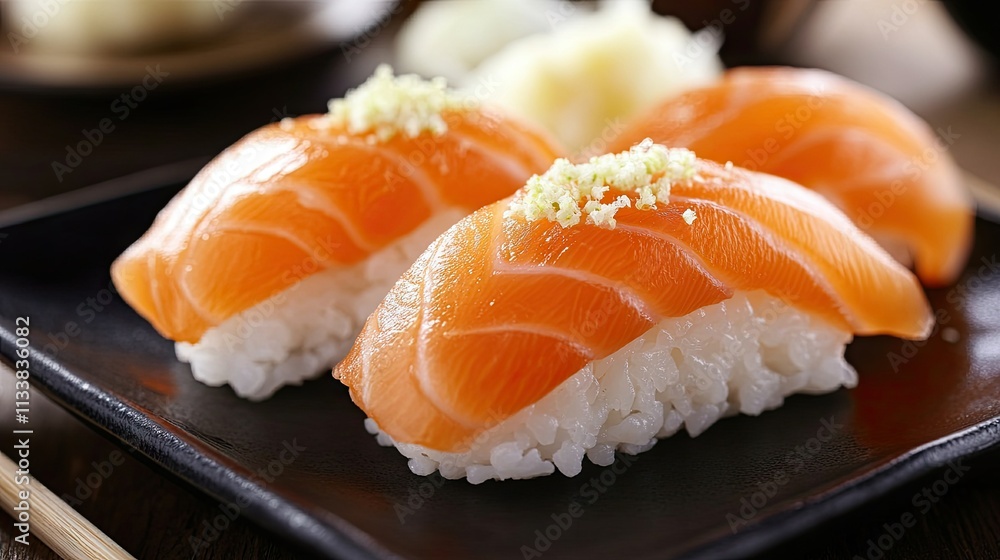 Fresh Salmon Nigiri Sushi with Grated Daikon Fresh Salmon Nigiri Sushi with Grated Daikon