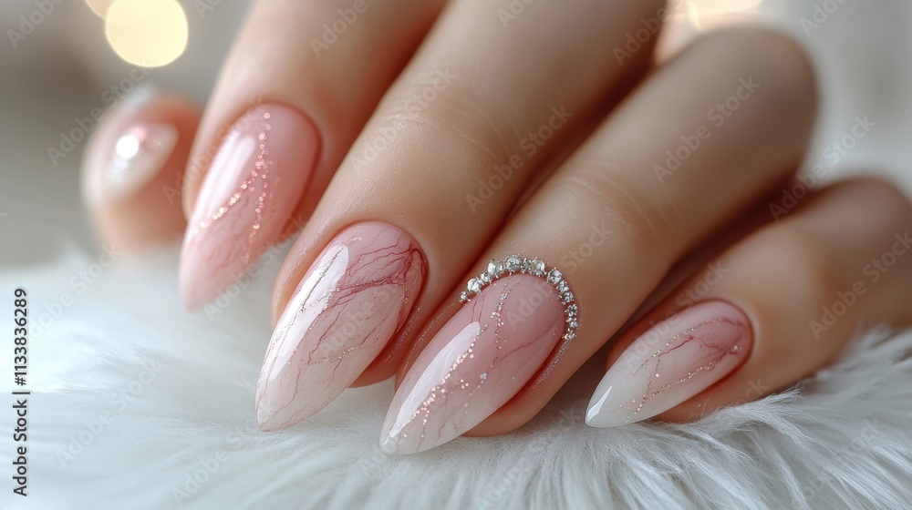 Elegant pink marble nail design with rhinestones, showcasing a stylish manicure. Elegant pink marble nail design with rhinestones, showcasing a stylish manicure.