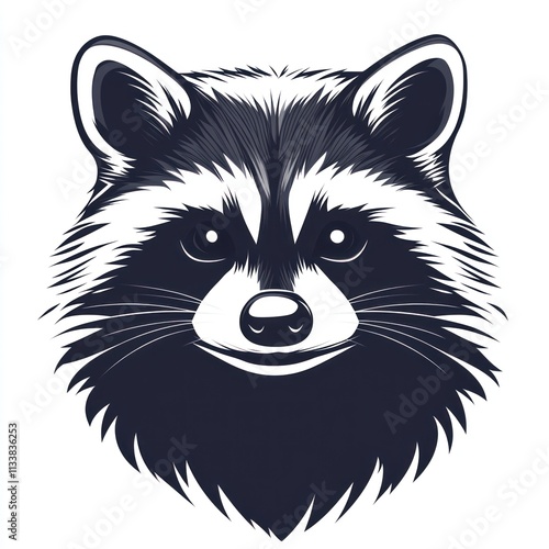 Detailed black and white illustration of a raccoon head, photo