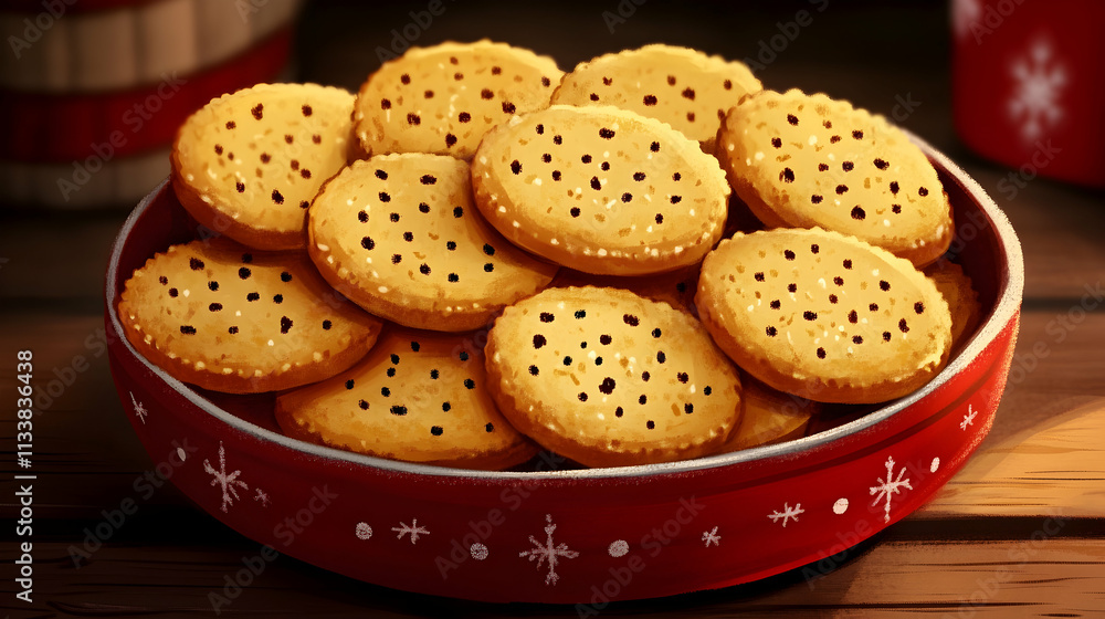 Delicious round cookies with seeds in a red bowl. Delicious round cookies with seeds in a red bowl.