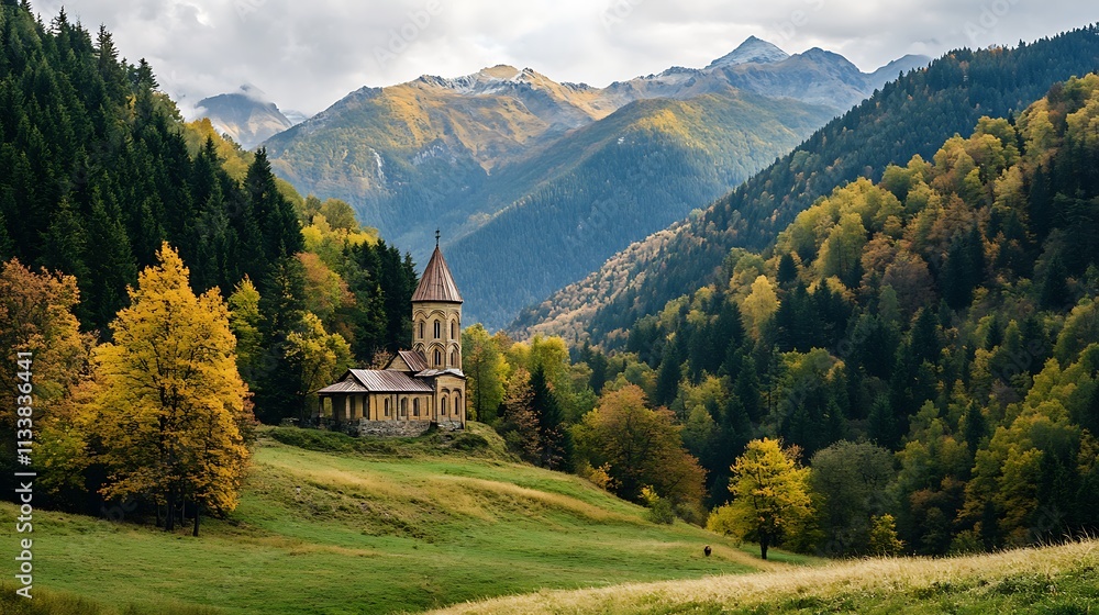 Autumnal Serenity: Church nestled in the Caucasus Mountains Autumnal Serenity: Church nestled in the Caucasus Mountains