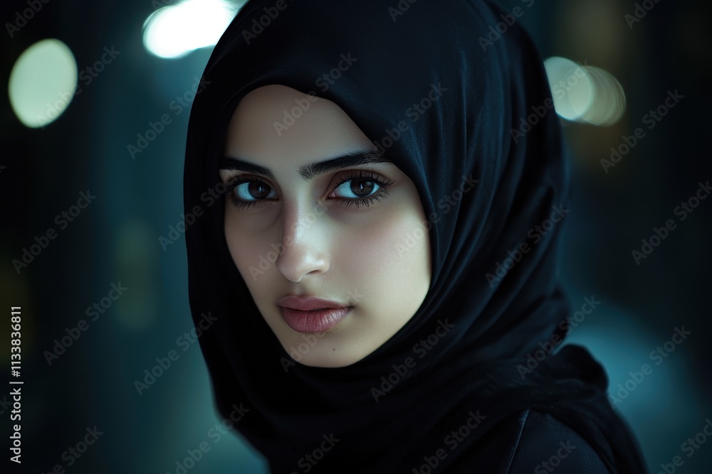 Night Portrait of a Young Woman in a Black Hijab, Mysterious and Serene Gaze in the City Lights Night Portrait of a Young Woman in a Black Hijab, Mysterious and Serene Gaze in the City Lights