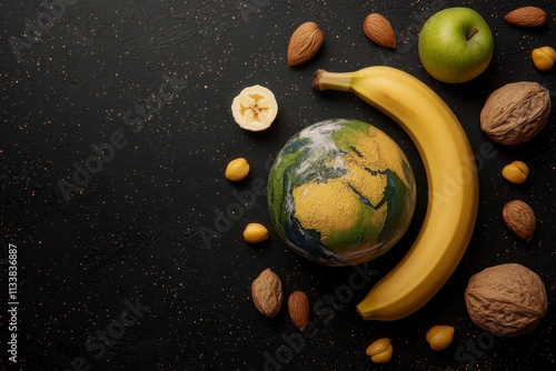 A banana curves around a miniature Earth surrounded by nuts and an apple on a dark background. photo