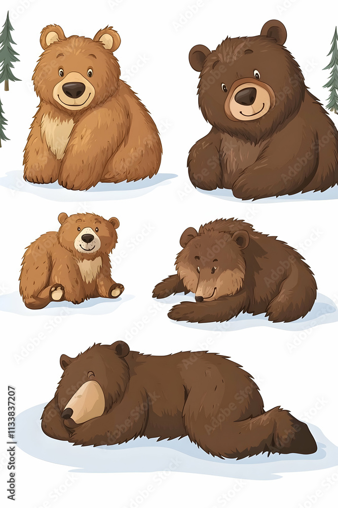 Fototapeta premium Five adorable cartoon bears in various poses on a snowy background.