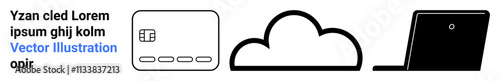 Credit card chip, cloud storage icon, and laptop on a minimal interface convey online transactions, digital storage, and mobile computing. Ideal for fintech, cloud computing, online banking, data