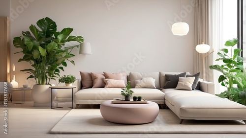 stylish, contemporary living area with a chic lounge area, minimalist furnishings, soft, ambient lighting, and a lush indoor plant that brings a little bit of nature in. View Less photo