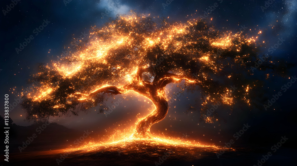 Fiery Tree Burns Brightly in Night Sky, Embers Glow, Magical Scene Fiery Tree Burns Brightly in Night Sky, Embers Glow, Magical Scene