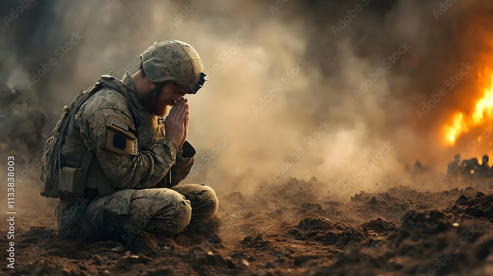 Soldier Prays Amidst Battlefield Chaos and Destruction Soldier Prays Amidst Battlefield Chaos and Destruction