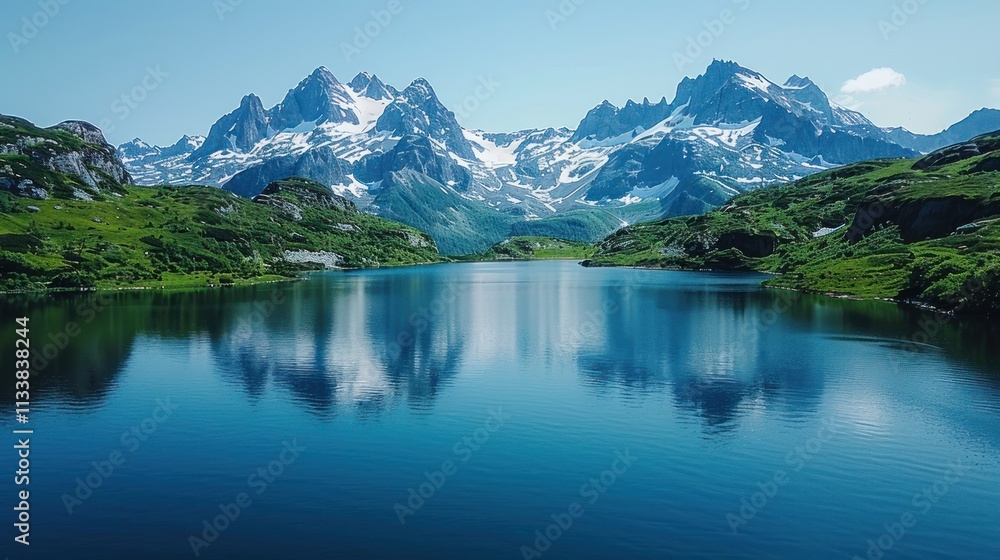 Fototapeta premium Serene mountain lake reflecting snow-capped peaks under a clear blue sky.