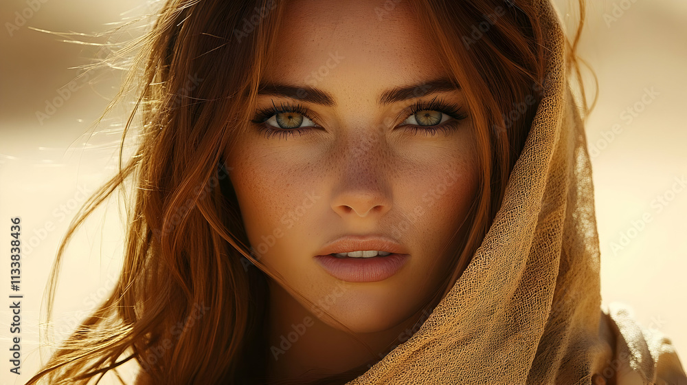 Woman's Beauty, Freckles, Green Eyes, Desert, Golden Fabric, Windblown Hair, Sunlit, Closeup, Portrait, Sensual, Mysterious, Captivating, Elegant, Stunning, Alluring Woman's Beauty, Freckles, Green Eyes, Desert, Golden Fabric, Windblown Hair, Sunlit, Closeup, Portrait, Sensual, Mysterious, Captivating, Elegant, Stunning, Alluring