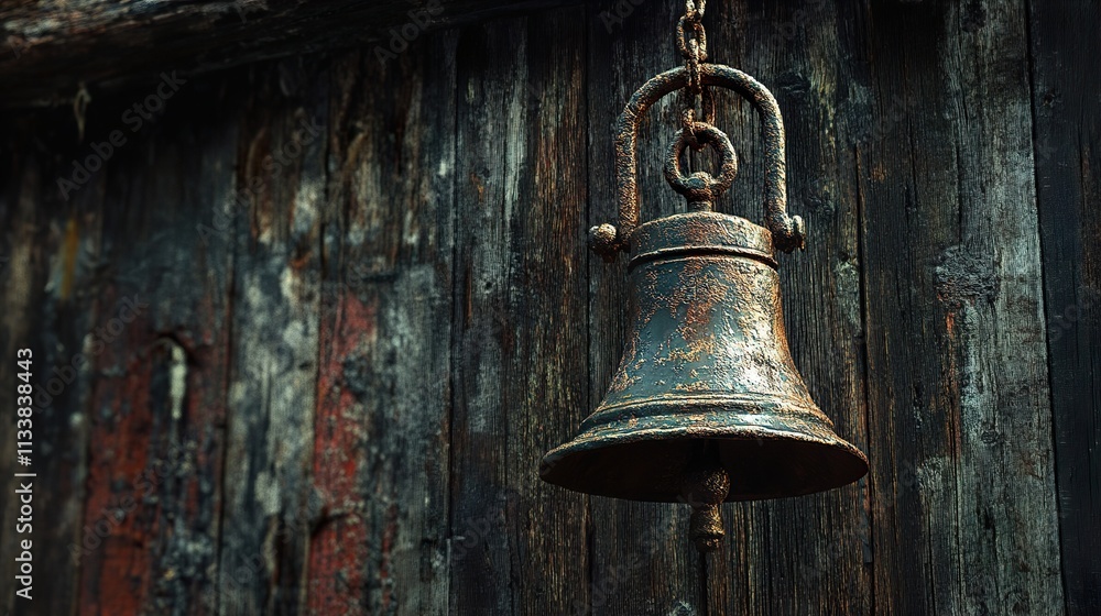 Obraz premium Aged Metal Bell on Rustic Wooden Wall