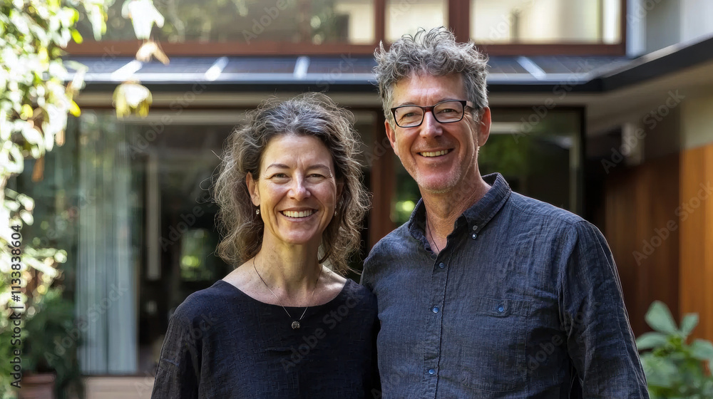 smiling couple stands in front of modern eco conscious home surrounded by greenery, showcasing harmonious lifestyle smiling couple stands in front of modern eco conscious home surrounded by greenery, showcasing harmonious lifestyle