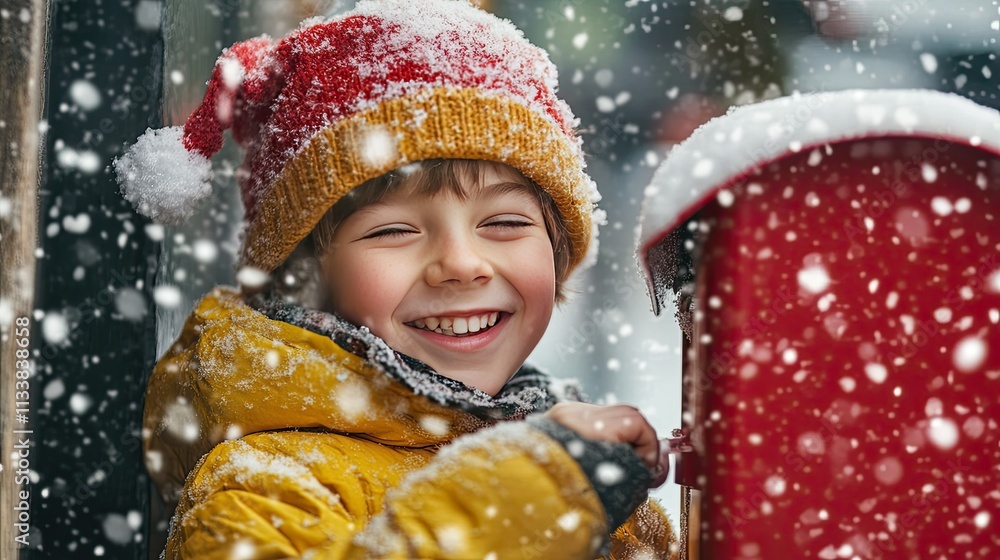 Joyful Child Smiling in Snowy Winter Scene with Christmas Elements Joyful Child Smiling in Snowy Winter Scene with Christmas Elements