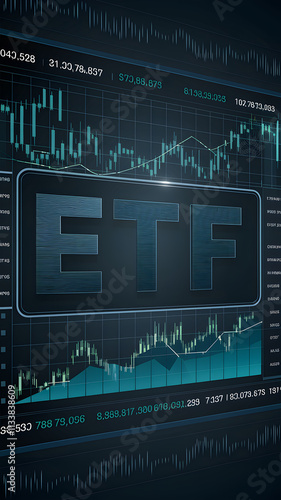 A digital illustration of a stock market screen displaying the acronym 'ETF' with financial graphs and data in the background.