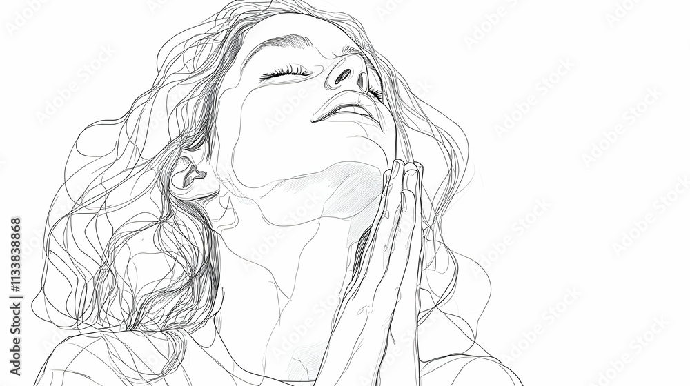 Woman's Serene Face, Hands Clasped in Prayer, Graceful Lines, Abstract Art, Inner Peace, Spiritual Woman's Serene Face, Hands Clasped in Prayer, Graceful Lines, Abstract Art, Inner Peace, Spiritual