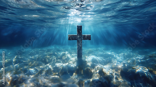 Underwater Cross: Faith, Ocean Depths, Spiritual Symbol, Tranquility, Mystery, Divine, Hope, Serenity, Belief, Submerged photo