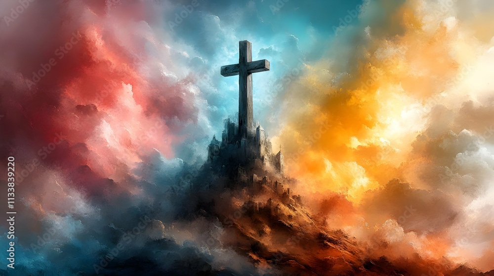Cross Stands Tall on City Hilltop, Majestic Cloudscape, Spiritual Art Cross Stands Tall on City Hilltop, Majestic Cloudscape, Spiritual Art