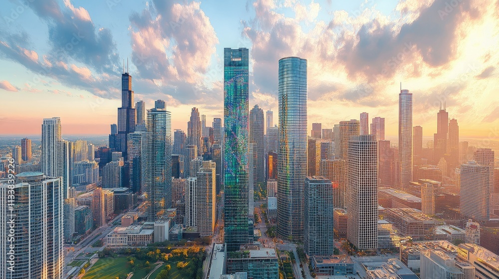 Fototapeta premium Aerial View of Modern Chicago Skyline During Colorful Sunset