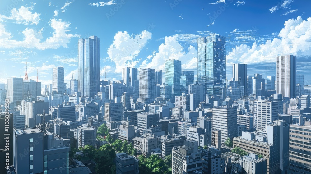 Obraz premium Vibrant Cityscape with Skyscrapers and Blue Sky in Urban Setting