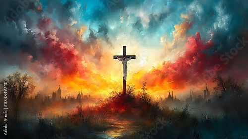 Crucifixion Sunset: Cityscape, Cross, Faith, Hope, Heaven, Redemption, Spiritual, Divine, Sacrifice