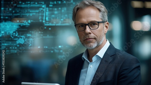 Confident businessman in suit looks directly at the camera, with a futuristic digital world map projection behind him.