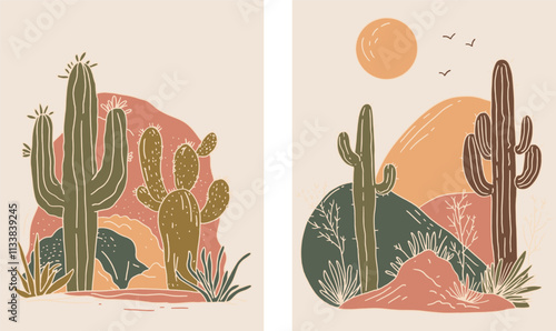 Desert Cactus Boho Sun Warm Colors Minimal Botanical Vector Illustration Set	