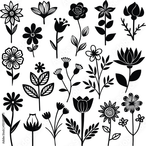 Wallpaper Mural Black and White Flower Vector Art: Floral Silhouette Collection for Graphic Design, Botanical Illustration, Nature Inspired Elements Torontodigital.ca