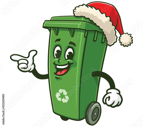 Trash Bin  wearing a christmas hat,  Cartoon Character Mascot Illustration Vector Clip-art Hand-drawn Logo Design 