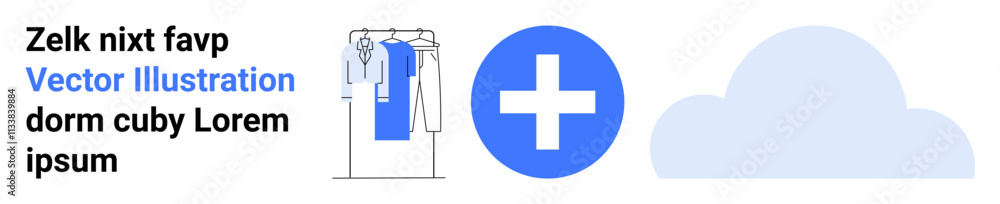 Clothes hanging on a rack with a blue shirt, blue plus sign, and cloud symbol. Placeholder text with a blue highlighted portion. Ideal for wardrobe organization, fashion, healthcare, cloud computing Clothes hanging on a rack with a blue shirt, blue plus sign, and cloud symbol. Placeholder text with a blue highlighted portion. Ideal for wardrobe organization, fashion, healthcare, cloud computing