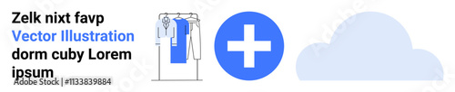 Clothes hanging on a rack with a blue shirt, blue plus sign, and cloud symbol. Placeholder text with a blue highlighted portion. Ideal for wardrobe organization, fashion, healthcare, cloud computing