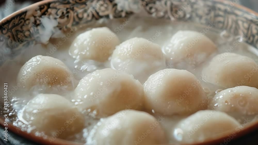 A close-up of a bowl of tangyuan in a warm broth, symbolizing family reunion during the New Year A close-up of a bowl of tangyuan in a warm broth, symbolizing family reunion during the New Year