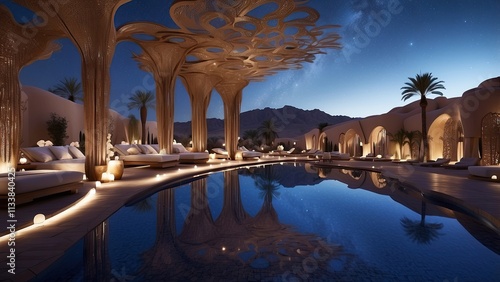 opulent desert oasis hotel that combines traditional Middle Eastern design elements with contemporary architecture Starry night sky reflected in a shimmering pool photo