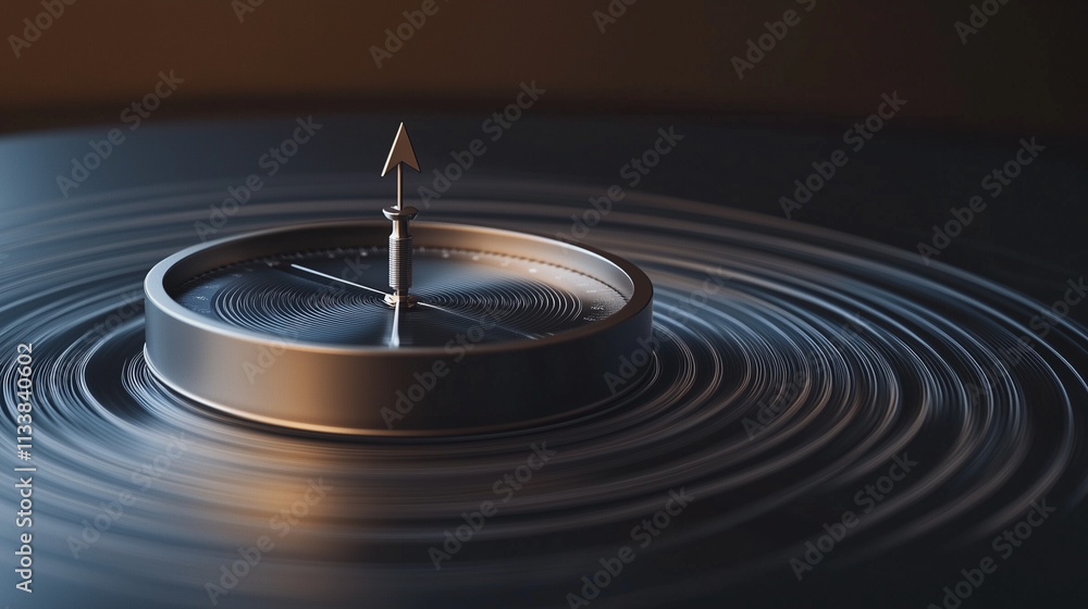Metallic compass needle pointing north with abstract swirling magnetic field lines, symbolizing direction, guidance, and scientific exploration in a dark minimalist setting. Metallic compass needle pointing north with abstract swirling magnetic field lines, symbolizing direction, guidance, and scientific exploration in a dark minimalist setting.