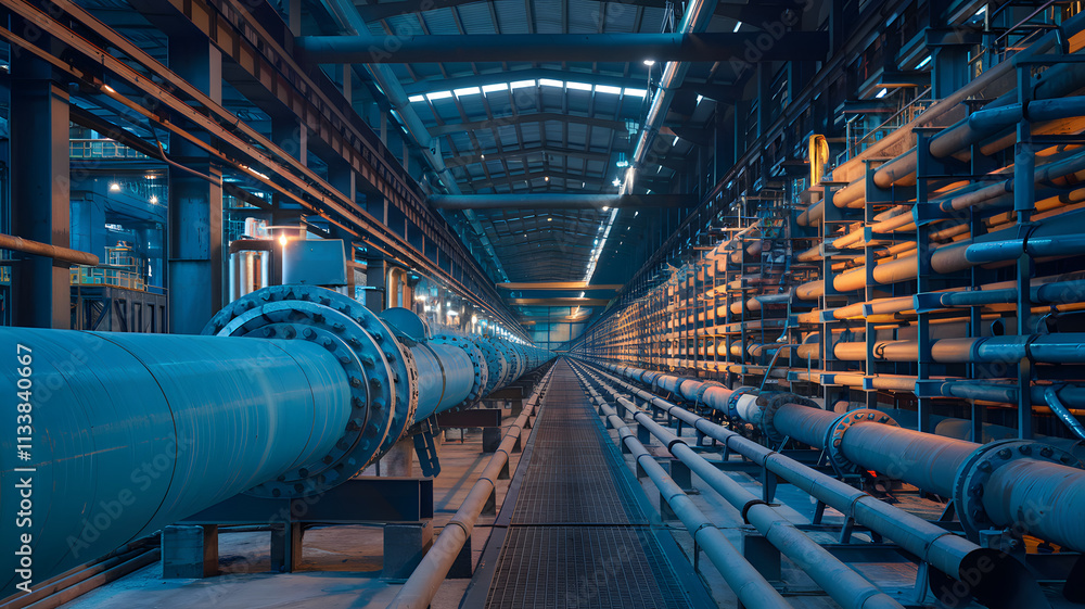 Industrial scene with large metal pipes running between factory buildings, conveying a sense of heavy industry and infrastructure. Industrial scene with large metal pipes running between factory buildings, conveying a sense of heavy industry and infrastructure.