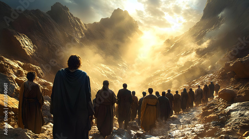 Group Journeys Through Majestic Mountains Towards a Glowing Sunrise photo