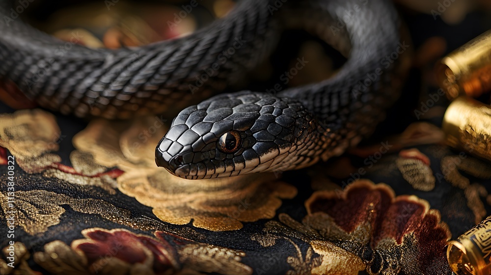 Fototapeta premium Captivating Black Snake Encounter on Ornate Fabric Backdrop Close-Up Photography Rich Textures Artistic Perspective
