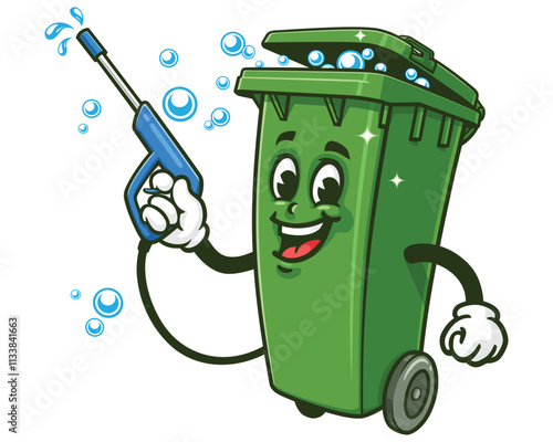 Trash Bin cleaner service without recycle sign,   Cartoon Character Mascot Illustration Vector Clip-art Hand-drawn Logo Design 