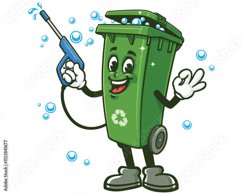 Trash Bin  cleaner service with okay hand pose,  Cartoon Character Mascot Illustration Vector Clip-art Hand-drawn Logo Design 