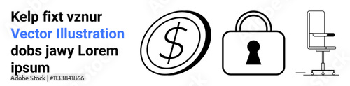 Currency symbol, padlock, and office chair. Ideal for themes in finance, security, workplace design, business infrastructure, economic stability data protection office environments. Landing page