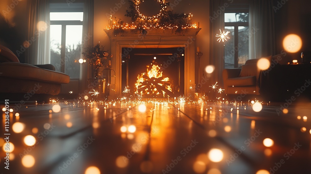 Cozy Christmas living room with fireplace, warm lights, and sparkling floor. Cozy Christmas living room with fireplace, warm lights, and sparkling floor.