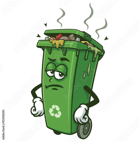 Trash Bin  with a frowning face,  Cartoon Character Mascot Illustration Vector Clip-art Hand-drawn Logo Design 