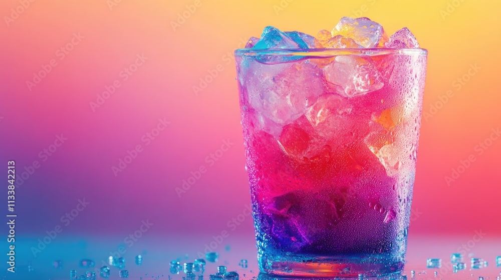 Colorful Cocktail Glass with Ice Cubes Against Vibrant Background Colorful Cocktail Glass with Ice Cubes Against Vibrant Background