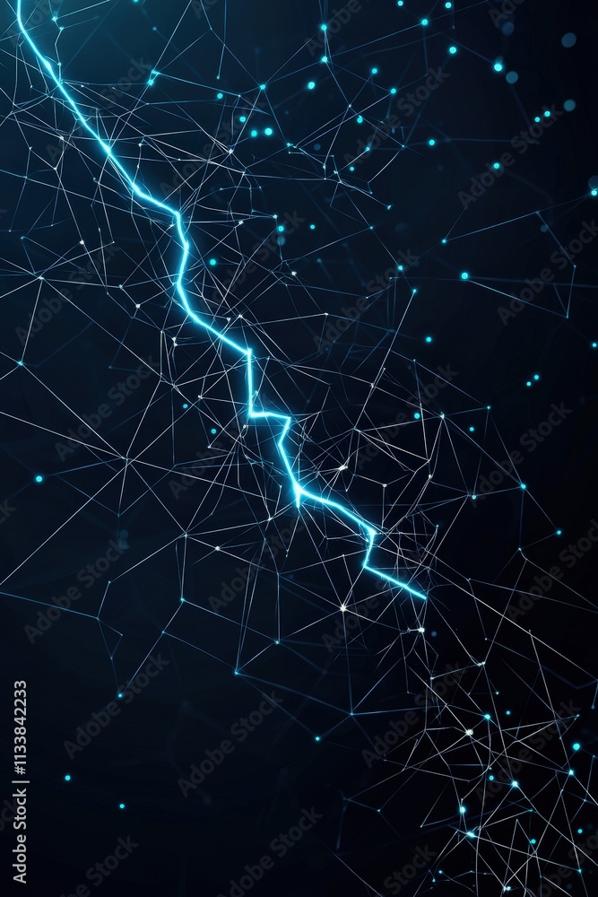 A radiant lightning bolt splitting into glowing energy grids. A radiant lightning bolt splitting into glowing energy grids.