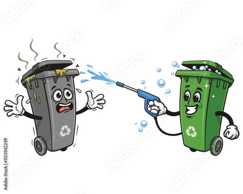 Trash Can is washing with water gun,   Cartoon Character Mascot Illustration Vector Clip-art Hand-drawn Logo Design 