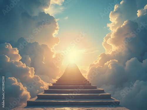 Stairway to heaven with sun and clouds. 3d render. generated by AI