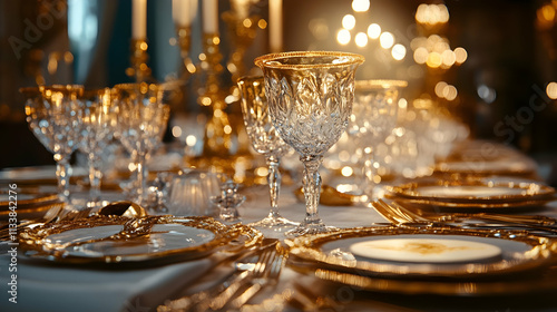 A beautifully set dining table with elegant glassware and gold accents for a formal event.