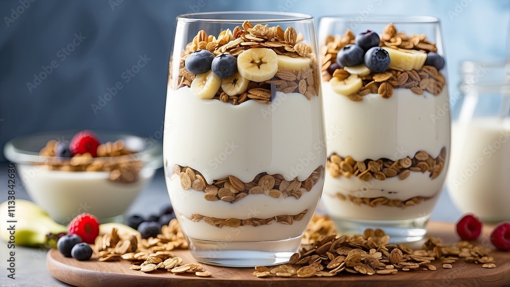 Layers of yogurt, banana slices, and granola in a glass make for a tasty, nutritious breakfast choice with a visual appeal. Layers of yogurt, banana slices, and granola in a glass make for a tasty, nutritious breakfast choice with a visual appeal.