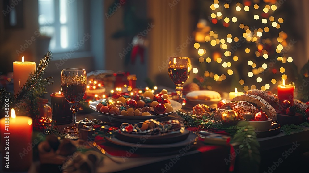 Festive Holiday Table Setting with Delicious Food and Decorations Festive Holiday Table Setting with Delicious Food and Decorations