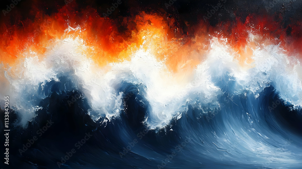 Ocean Waves Crashing, Fiery Sunset, Dramatic Abstract Art Painting Ocean Waves Crashing, Fiery Sunset, Dramatic Abstract Art Painting