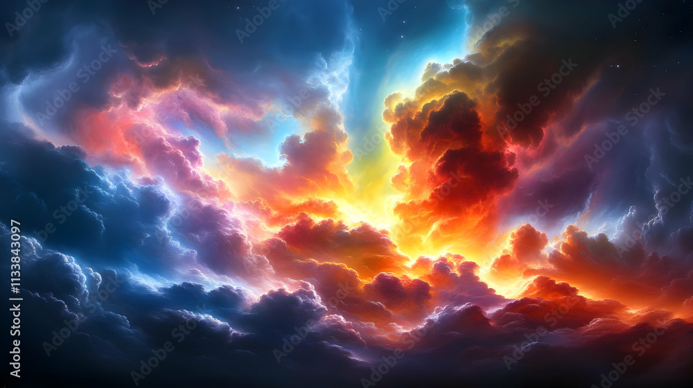 Fototapeta premium Fiery Cloudscape: A Vivid, Imaginative Dreamscape of Celestial Colors